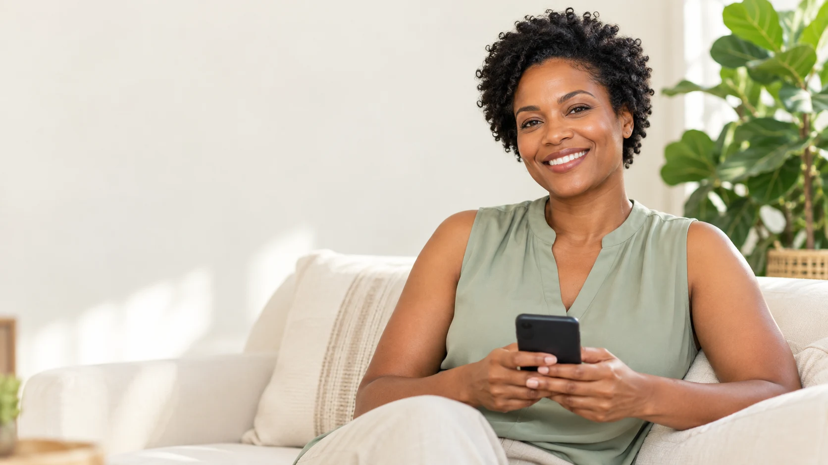 A smiling Black woman relaxing at home with her smartphone